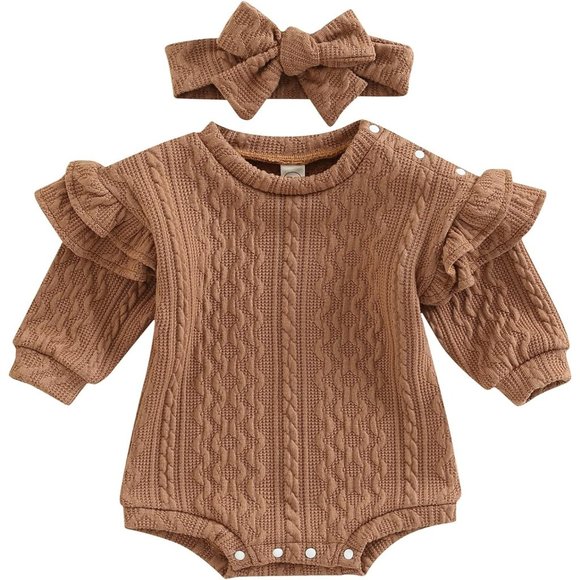 Other - Baby Girl Boho Ruffle Long Sleeve Romper Fall Winter Knit Shirt Tops Headband